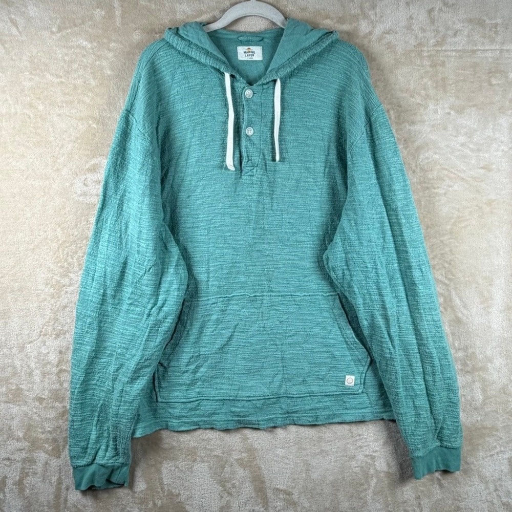 Marine Layer Mens XL Teal Green Textured Slub Cotton Henley Hoodie Pullover